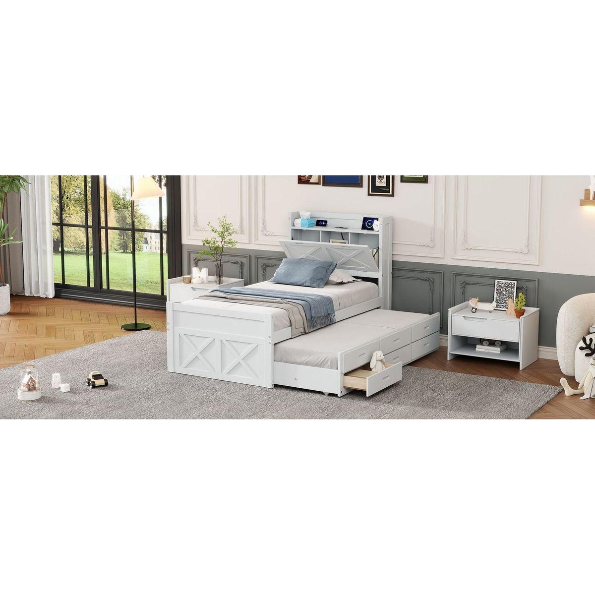 Twin Size Wooden Bed with Storage Headboard with Outlets, Extendable Bed with Twin Size Trundle with Three Storage Drawers,White