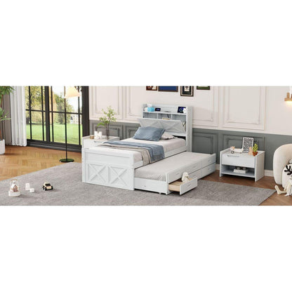 Twin Size Wooden Bed with Storage Headboard with Outlets, Extendable Bed with Twin Size Trundle with Three Storage Drawers,White
