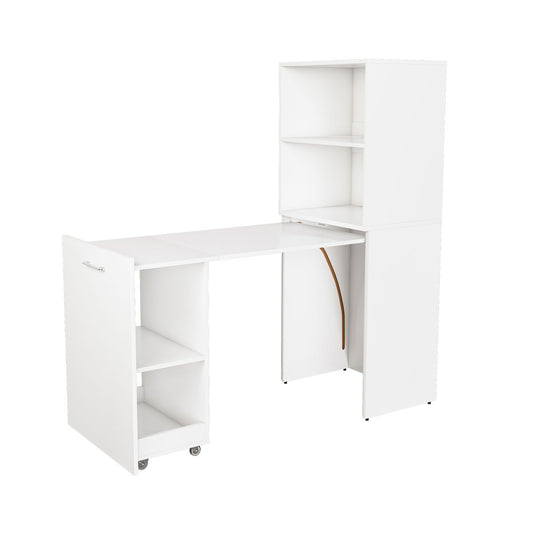 Stretchable Office Desk with Storage Shelves and Mobile Wheels, White MDF Desk for Small Apartments and Offices, Expandable to 49.6 Inches