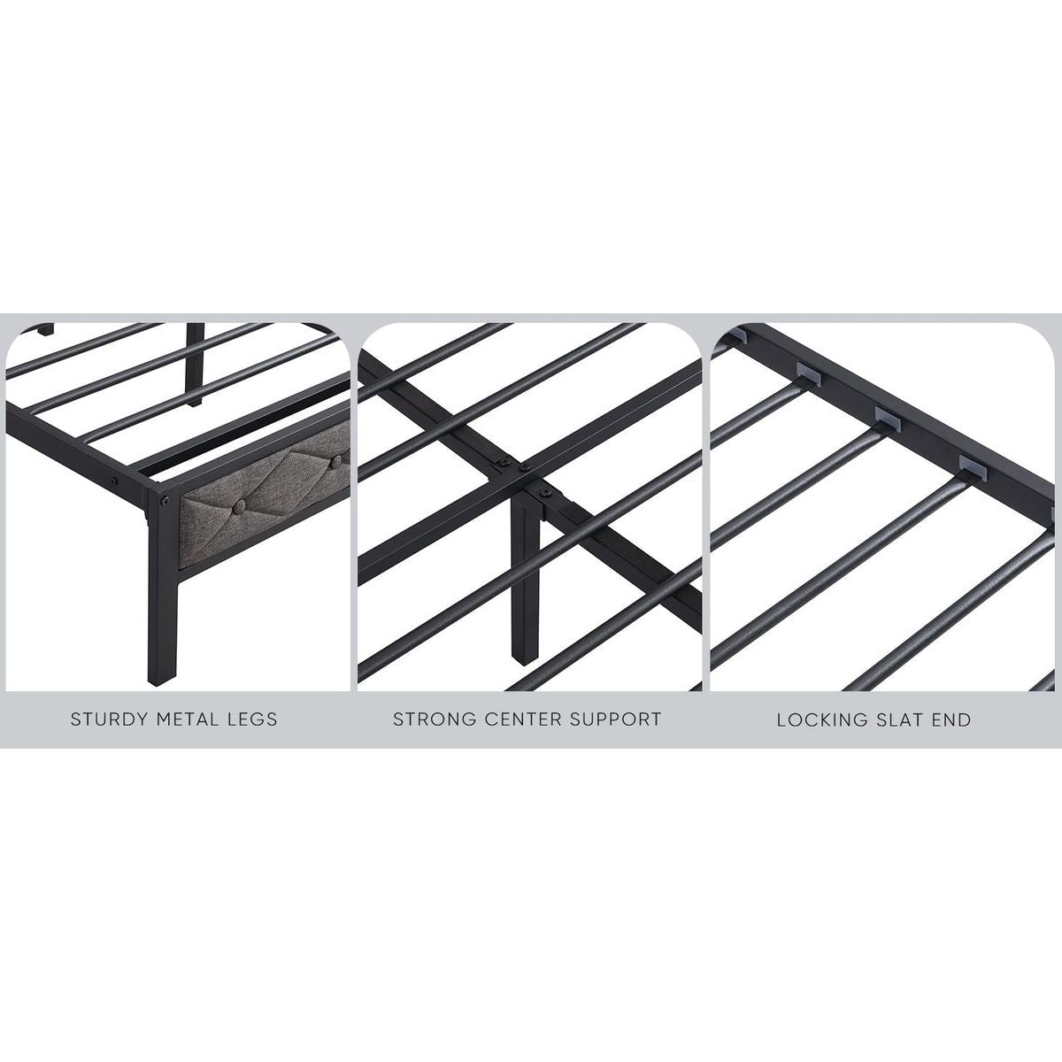 King Bed Frame with Storage Headboard, Charging Station and LED Lights, Upholstered Platform Bed with Heavy Metal Slats, No Box Spring Needed, Noise Free, Easy Assembly, Dark Gray