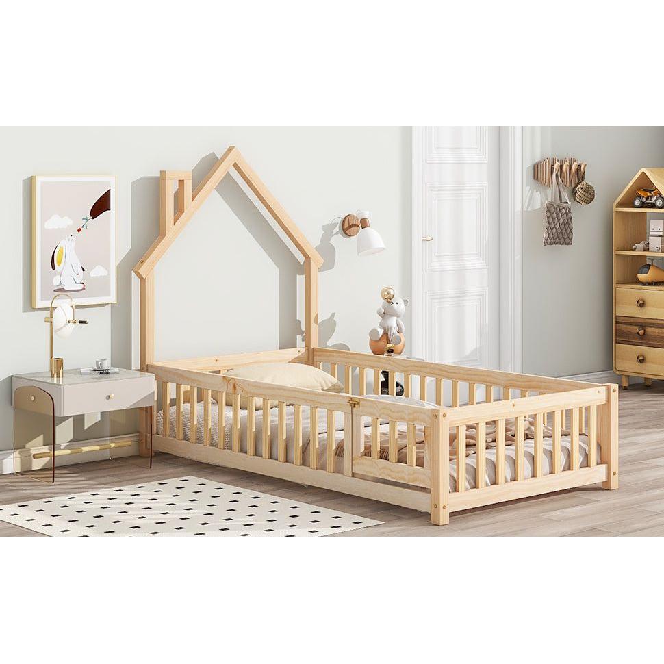 Twin House-Shaped Headboard Floor Bed with Fence ,Natural