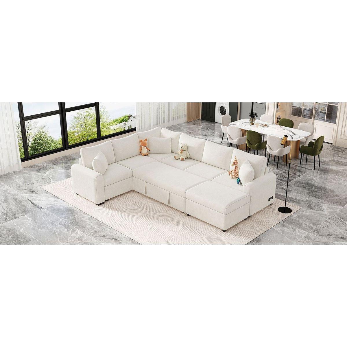 112.2" Sectional Sofa Pull-out Sofa Bed Sleeper with a Storage Ottoman,Three Pillows and Charging Devices for Living Room, Cream