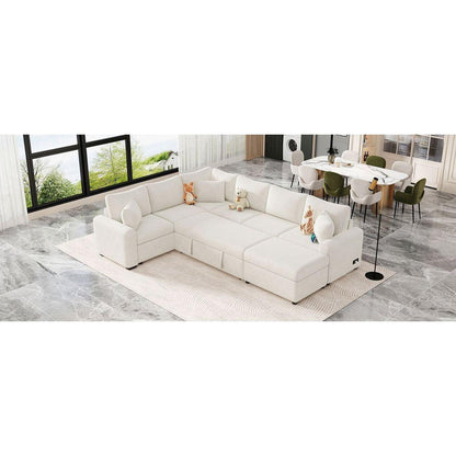 112.2" Sectional Sofa Pull-out Sofa Bed Sleeper with a Storage Ottoman,Three Pillows and Charging Devices for Living Room, Cream