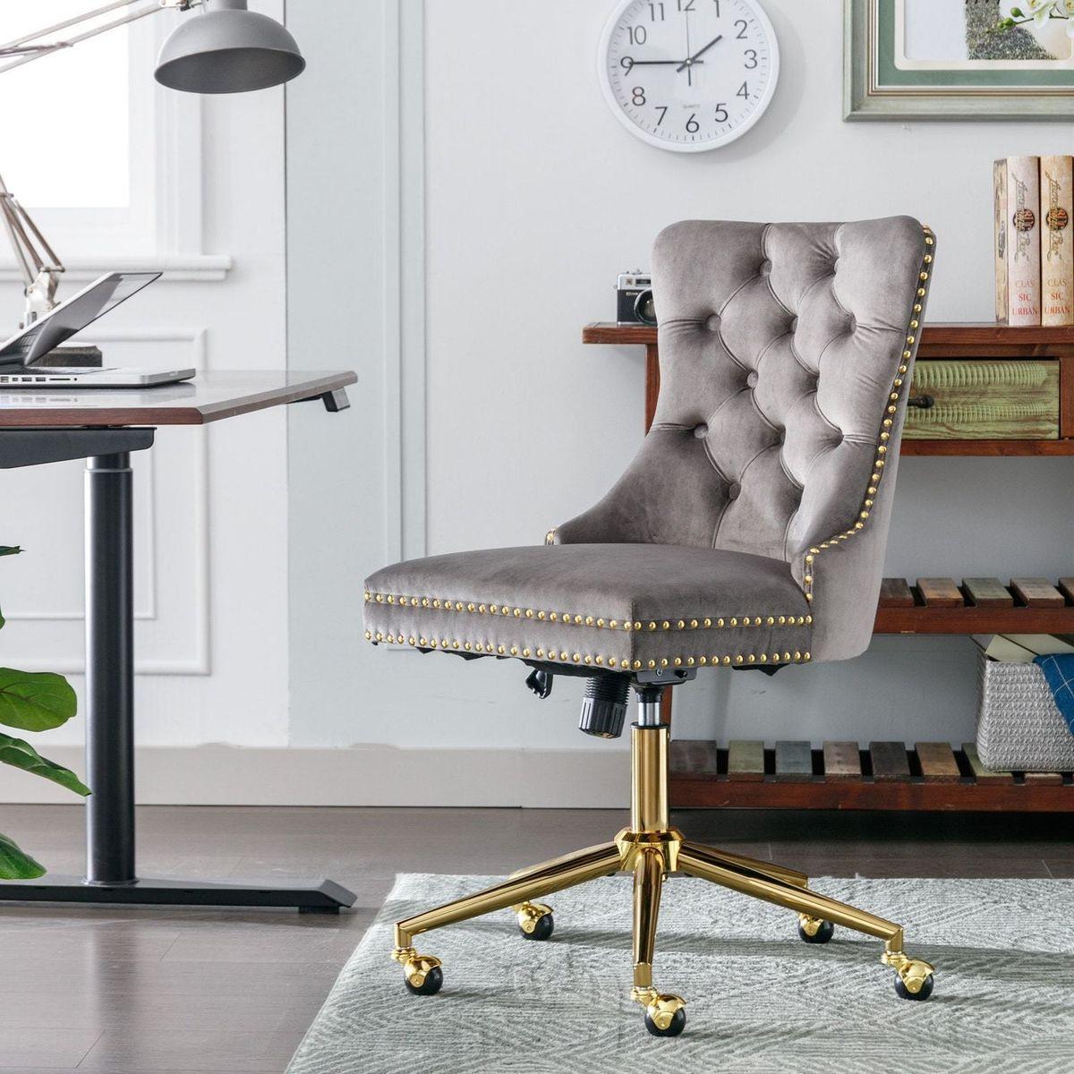 Office Chair,Velvet Upholstered Tufted Button Home Office Chair with Golden Metal Base,Adjustable Desk Chair Swivel Office Chair (Gray)