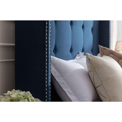 Upholstered King Bed / 54" High Headboard / Traditional Hand Buttoned Tufting / Nailhead Trim Wingback / No Box Spring Needed / Easy Assembly / Blue Velvet