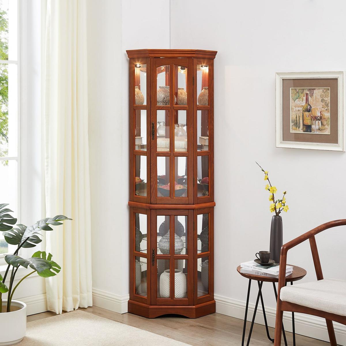 Corner Curio Cabinet with 5 Shelves and Lighting System, Oak