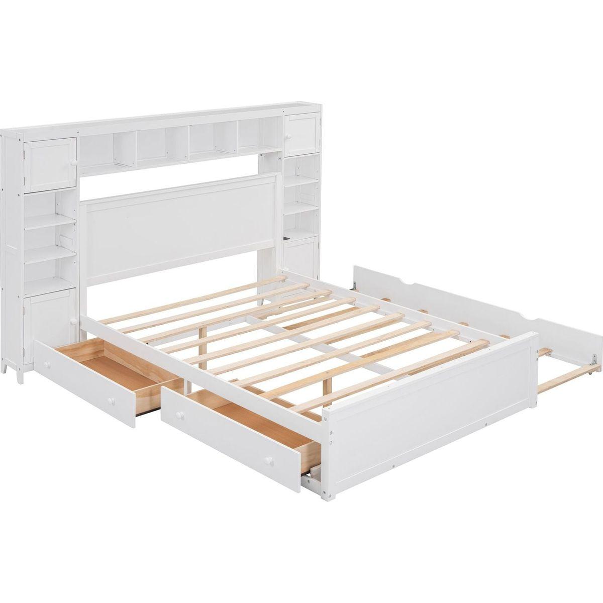 Queen Size Wooden Bed With All-in-One Cabinet, Shelf and Sockets, White