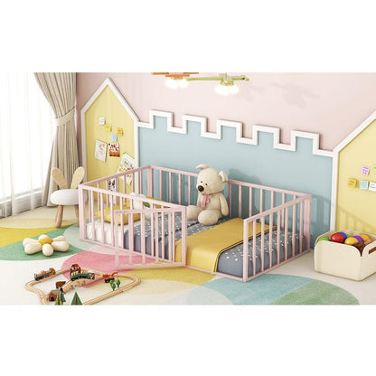 Twin Size Metal Floor Bed Frame with Fence and Door, Pink