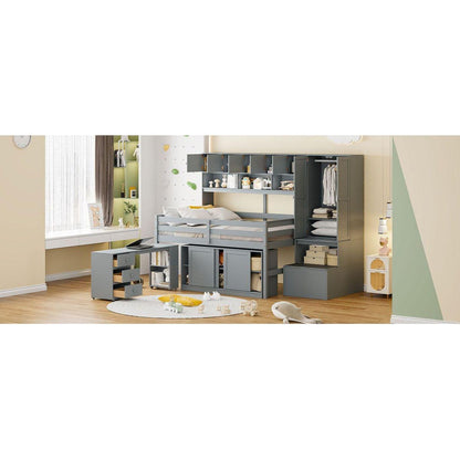 Full Size Wooden Loft Bed Big Storage with Under-bed Desk, with Drawers, with Shelves, Gray