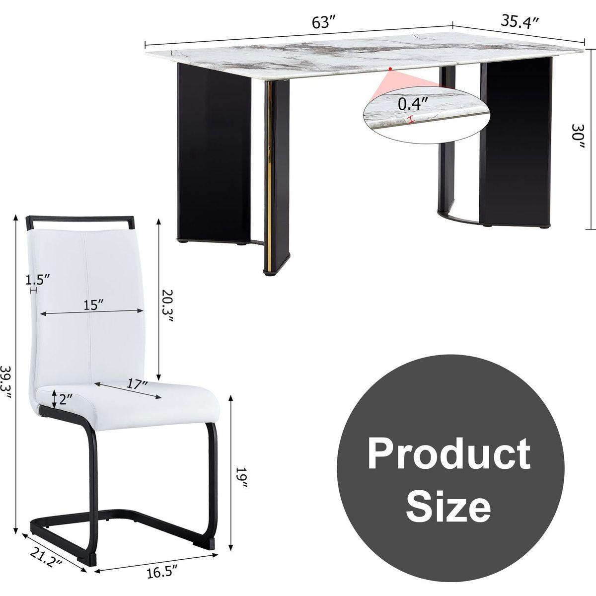 Table and chair set. A white imitation marble desktop with MDF legs and gold metal decorative strips. Paired with 4 dining chairs with white backrest and black metal legs.F-HH