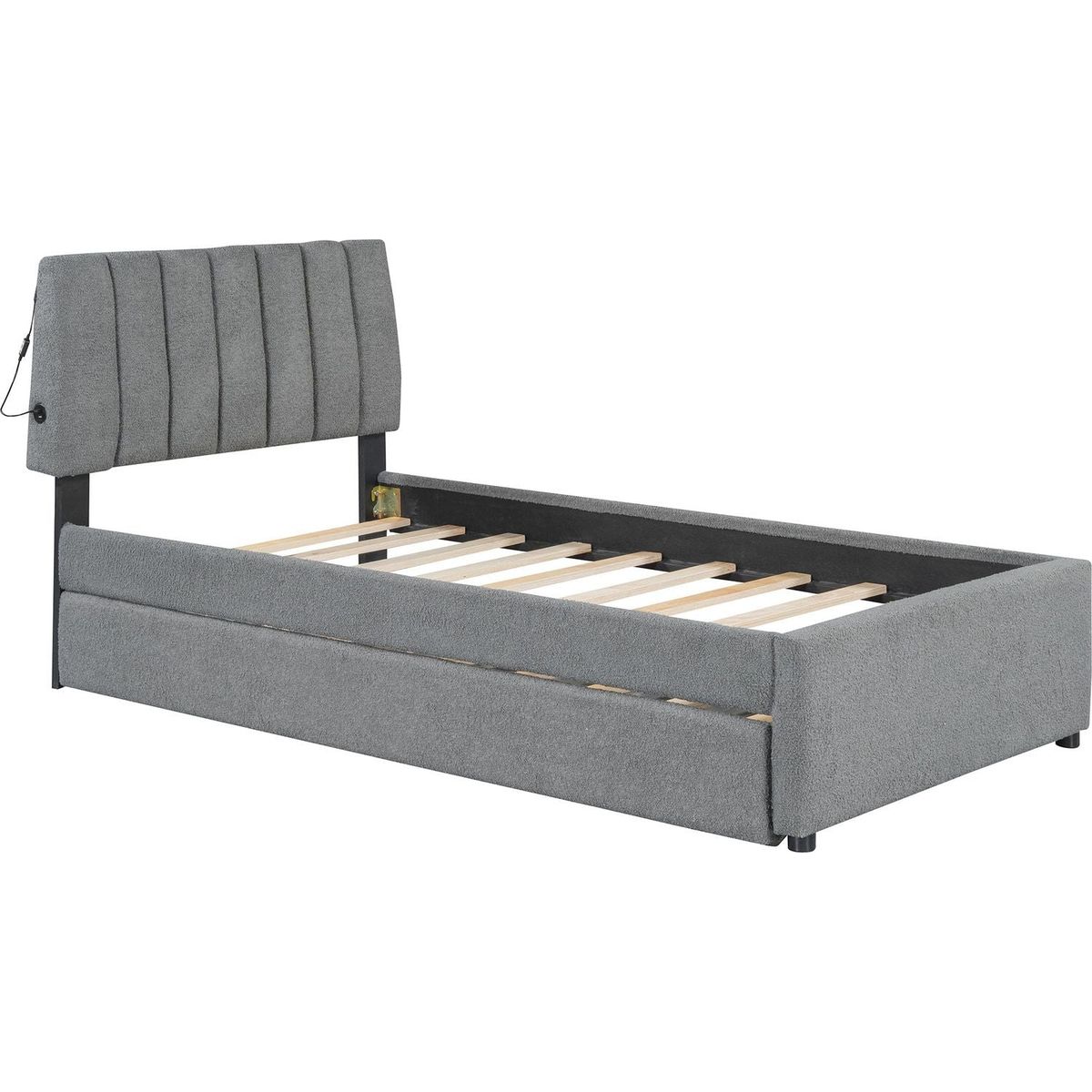 Teddy Fleece Twin Size Upholstered Platform Bed with Trundle, Gray