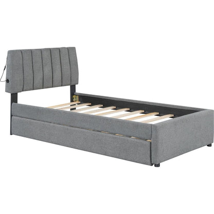 Teddy Fleece Twin Size Upholstered Platform Bed with Trundle, Gray