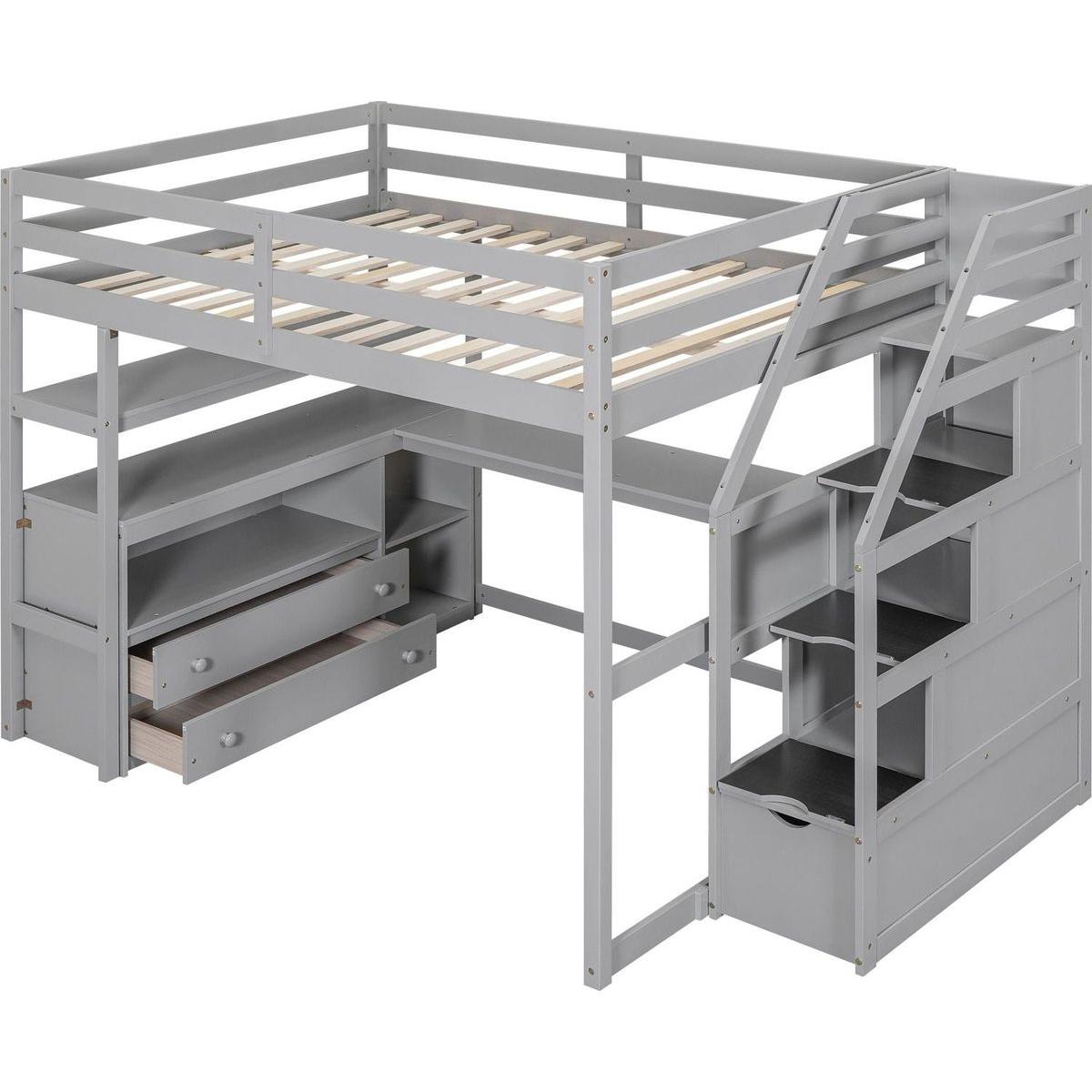 Full Size Loft Bed with Desk and Shelves, Two Built-in Drawers, Storage Staircase, Gray