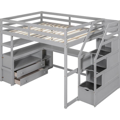 Full Size Loft Bed with Desk and Shelves, Two Built-in Drawers, Storage Staircase, Gray