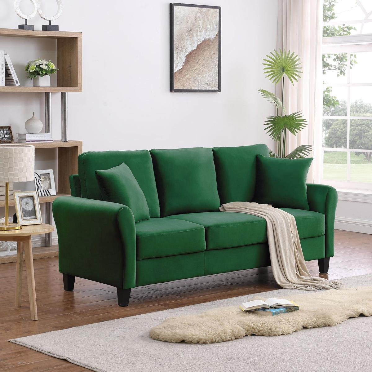 Modern Velvet Couch with 2 Pillow, 78 Inch Width Living Room Furniture, 3 Seater Sofa with Plastic Legs