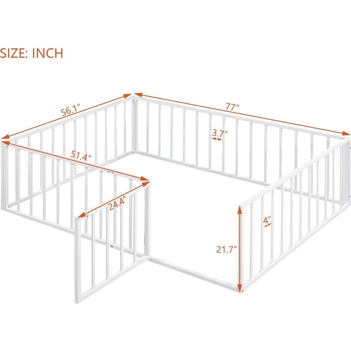 Full Size Metal Floor Bed Frame with Fence and Door, White