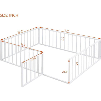 Full Size Metal Floor Bed Frame with Fence and Door, White