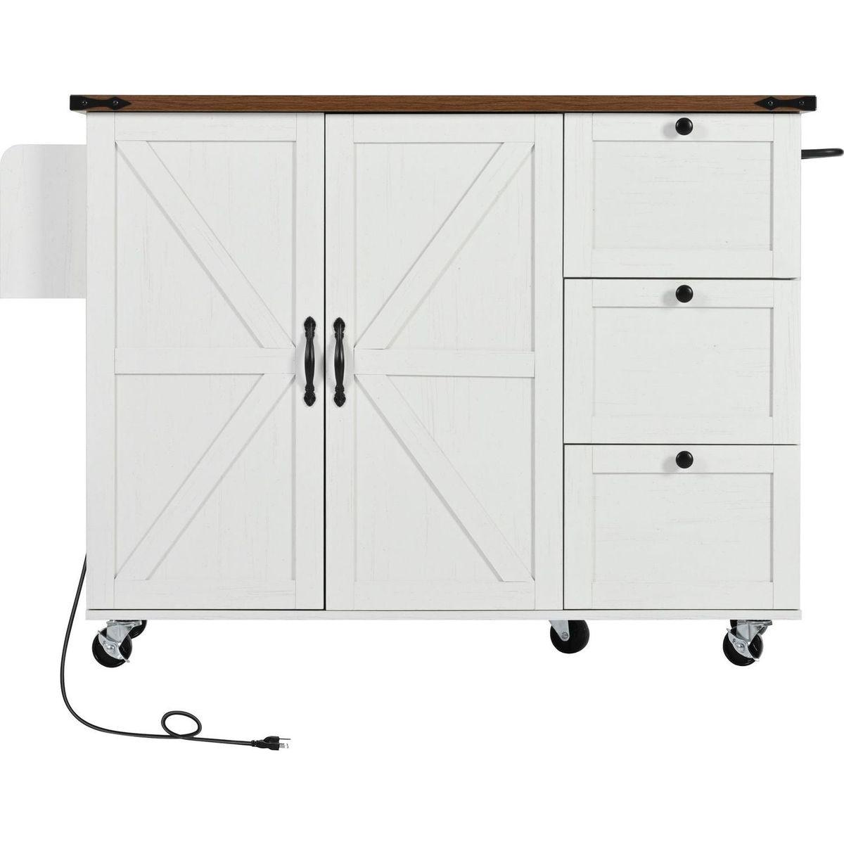 54.5" Farmhouse Kitchen Island with Power Outlet, Kitchen Storage Island with Internal Storage Rack, Drop Leaf, Spice Rack, Rolling Kitchen Cart on Wheels, for Home, Kitchen and Dining Room,White