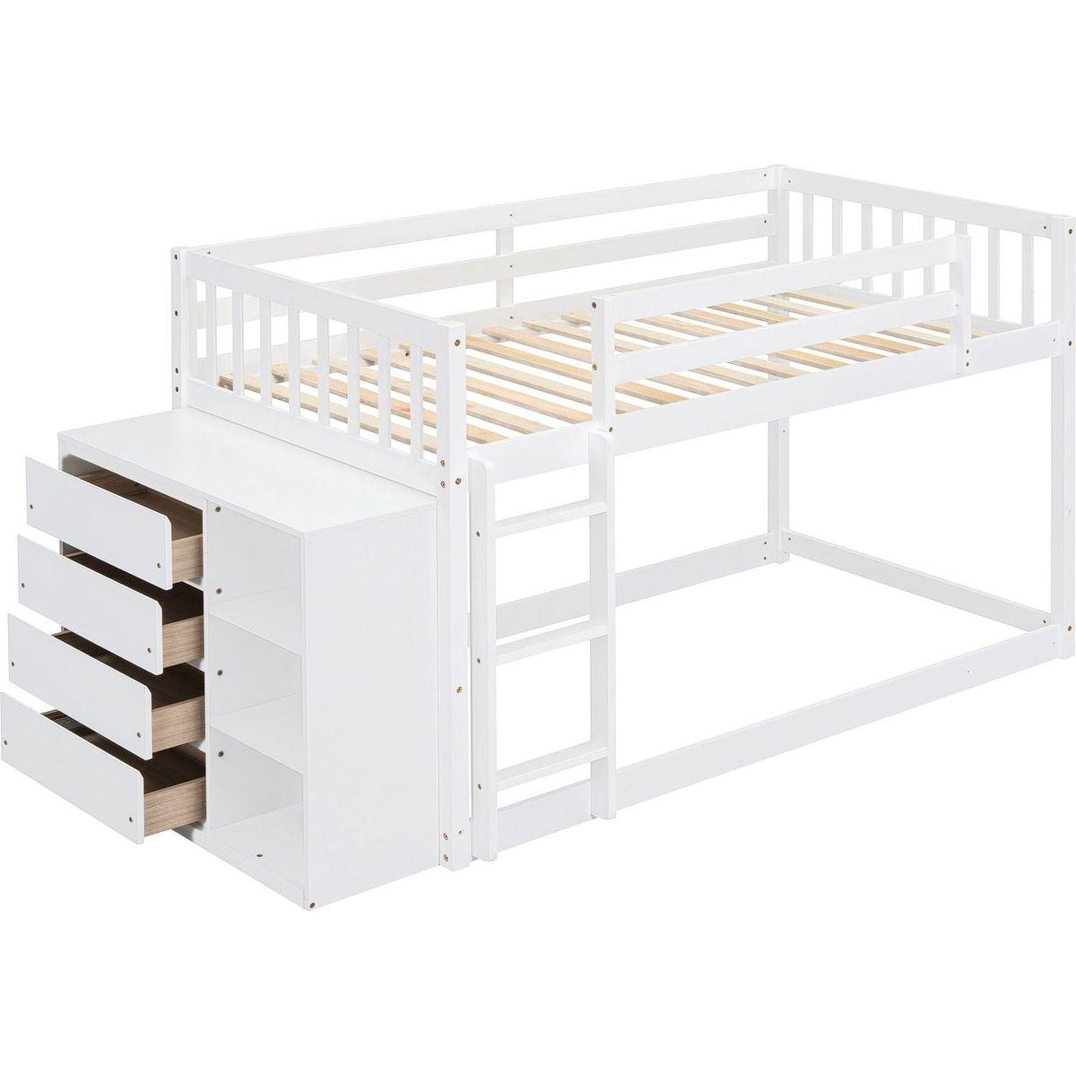 Twin over Twin Bunk Bed with 4 Drawers and 3 Shelves-White