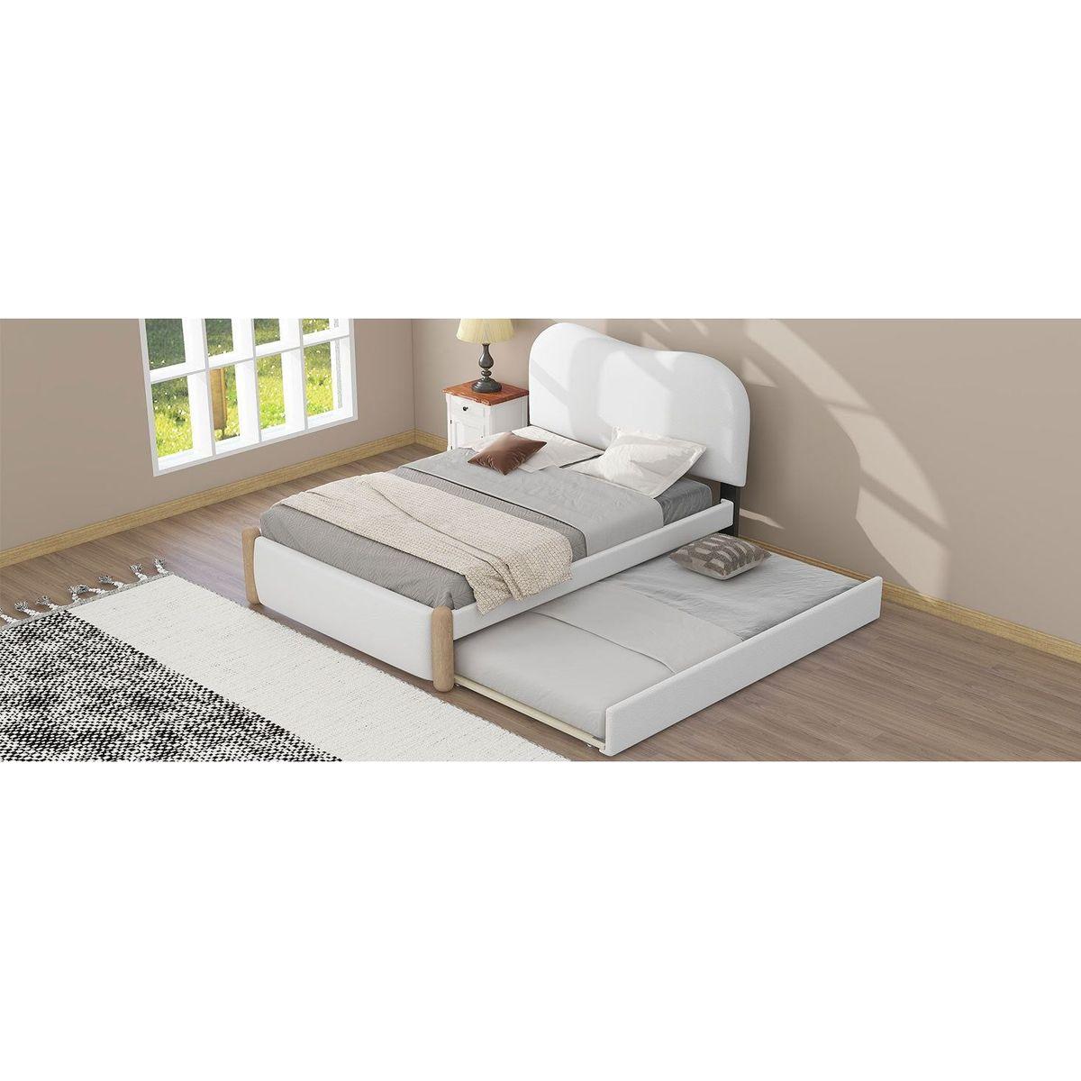 Twin Size Upholstered Platform Bed with Wood Supporting Feet and Twin Size Trundle, White
