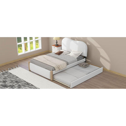 Twin Size Upholstered Platform Bed with Wood Supporting Feet and Twin Size Trundle, White