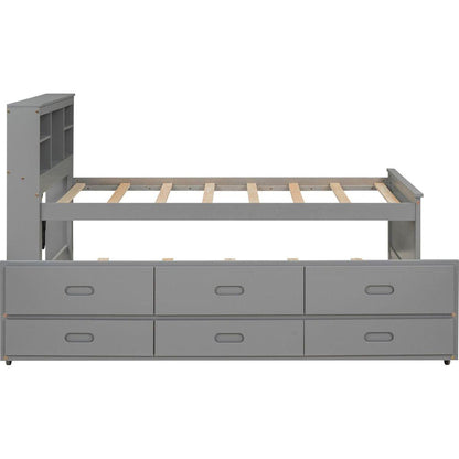 Twin Size Platform Bed with Storage Headboard, USB, Twin Size Trundle and 3 Drawers, Gray