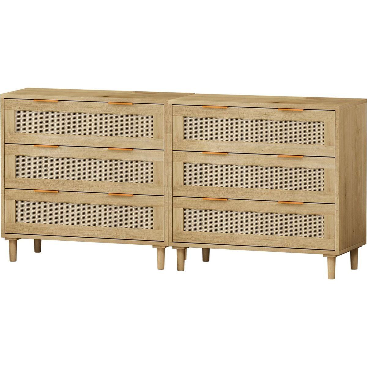 3-Drawers Rattan Storage Cabinet Rattan Drawer (Set of 2),for Bedroom,Living Room,Dining Room,Hallways,Oak