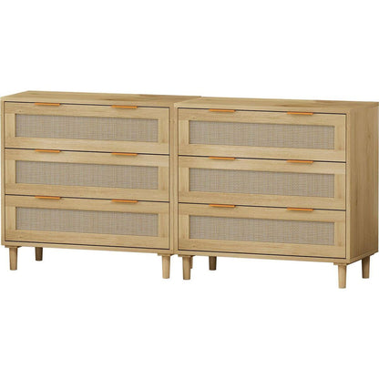 3-Drawers Rattan Storage Cabinet Rattan Drawer (Set of 2),for Bedroom,Living Room,Dining Room,Hallways,Oak