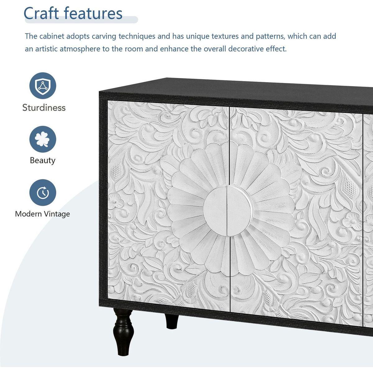 Vintage White Large Faceted Carved And Spliced Doors Combined With Black Frames For TV Stand Table,Sideboards, Accent Cabinets