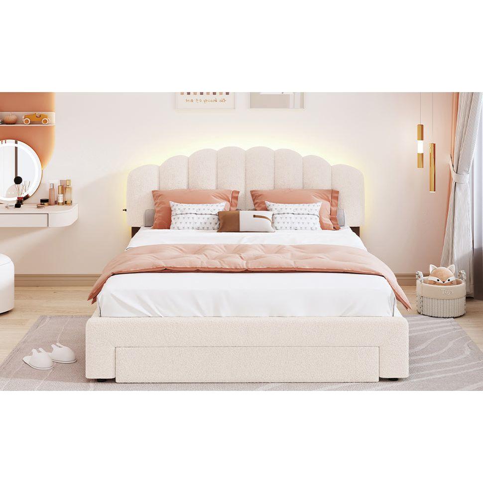Teddy Fleece Queen Size Upholstered Platform Bed with Drawer, Beige