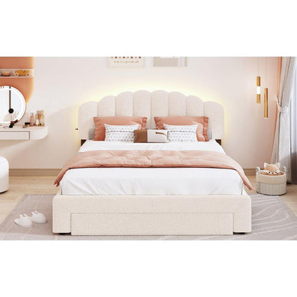 Teddy Fleece Queen Size Upholstered Platform Bed with Drawer, Beige