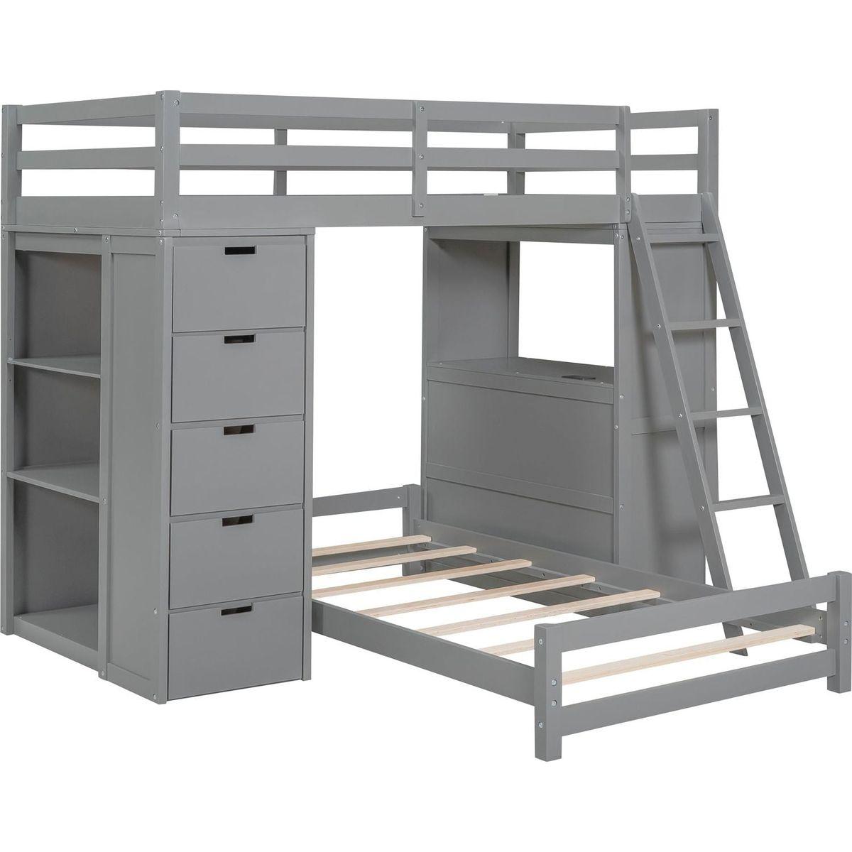 Twin over Twin Bunk Bed with LED Light and USB Ports, Gray