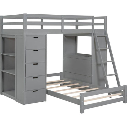 Twin over Twin Bunk Bed with LED Light and USB Ports, Gray