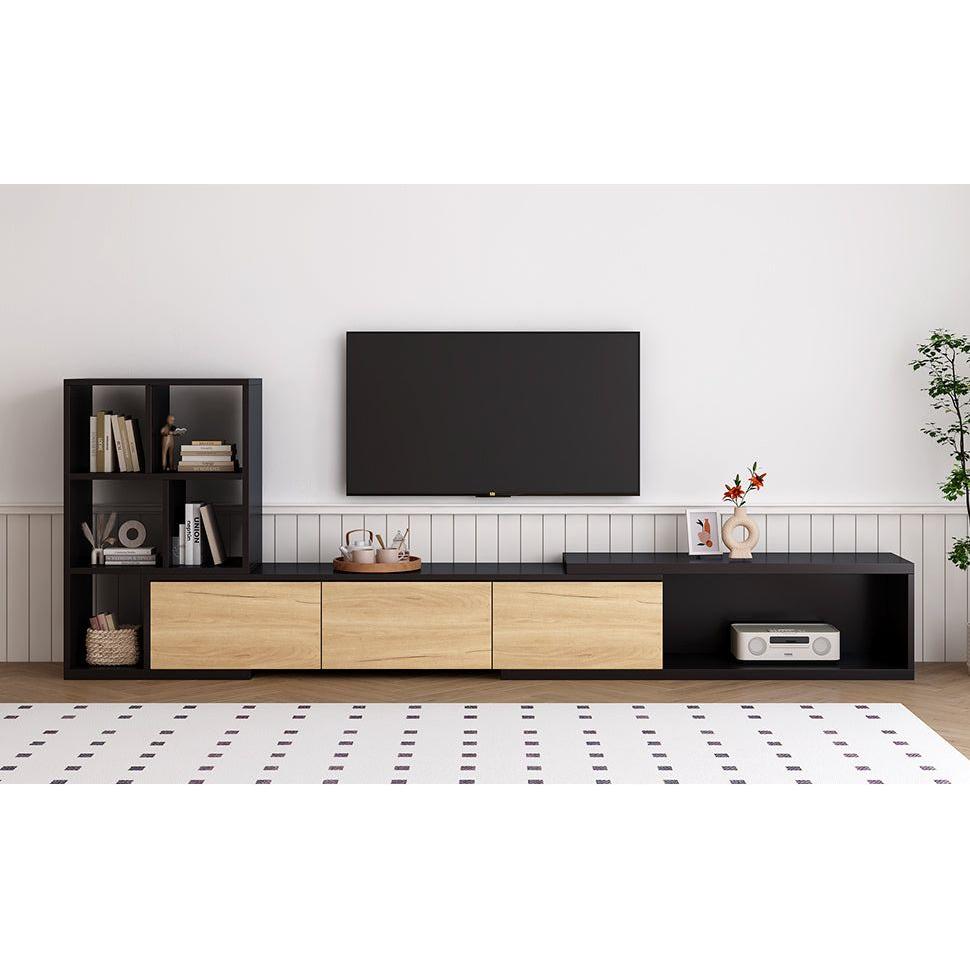 74.8"-126" Extendable TV Stand with 3 Tier Bookshelves for TVs up to 110", Adjustable Entertainment Center with Storage Cabinets, Sliding Tabletop Media Console for Living Room, Black