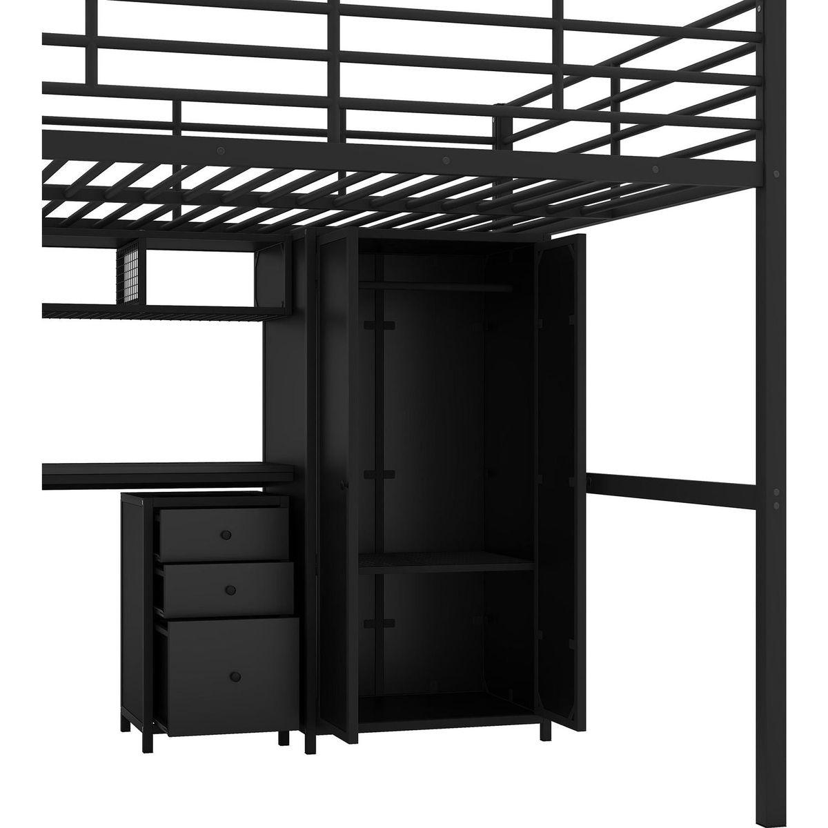 Metal Loft Bed With table set and wardrobe, Full, Black