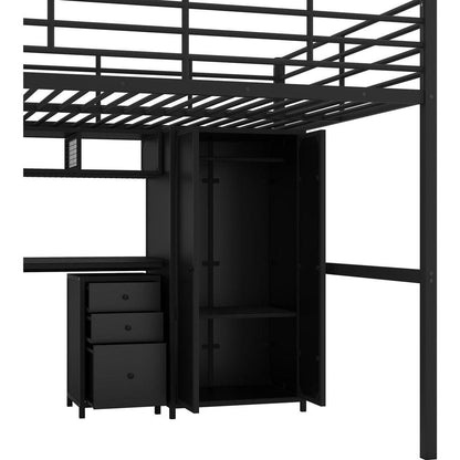 Metal Loft Bed With table set and wardrobe, Full, Black