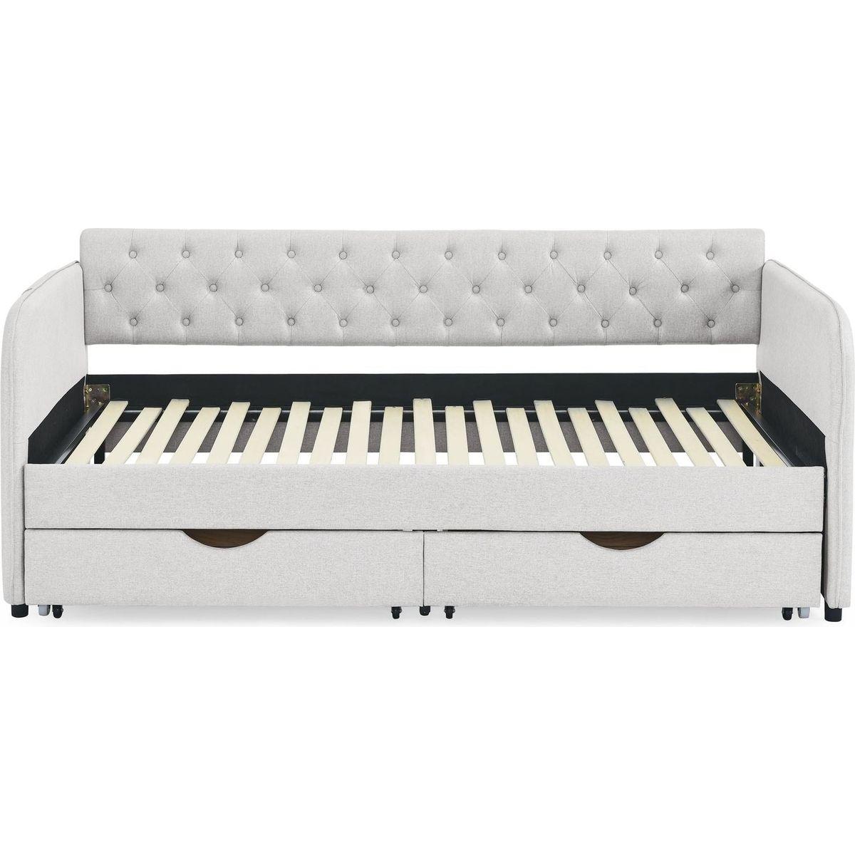 Twin Size Upholstery Daybed with Trundle Bed and Two Storage Drawers, Flat Arms with Pocket, Extendable Daybed for Bedroom Living Room,Linen Beige