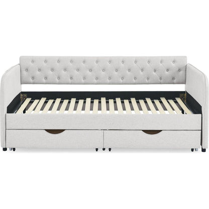 Twin Size Upholstery Daybed with Trundle Bed and Two Storage Drawers, Flat Arms with Pocket, Extendable Daybed for Bedroom Living Room,Linen Beige
