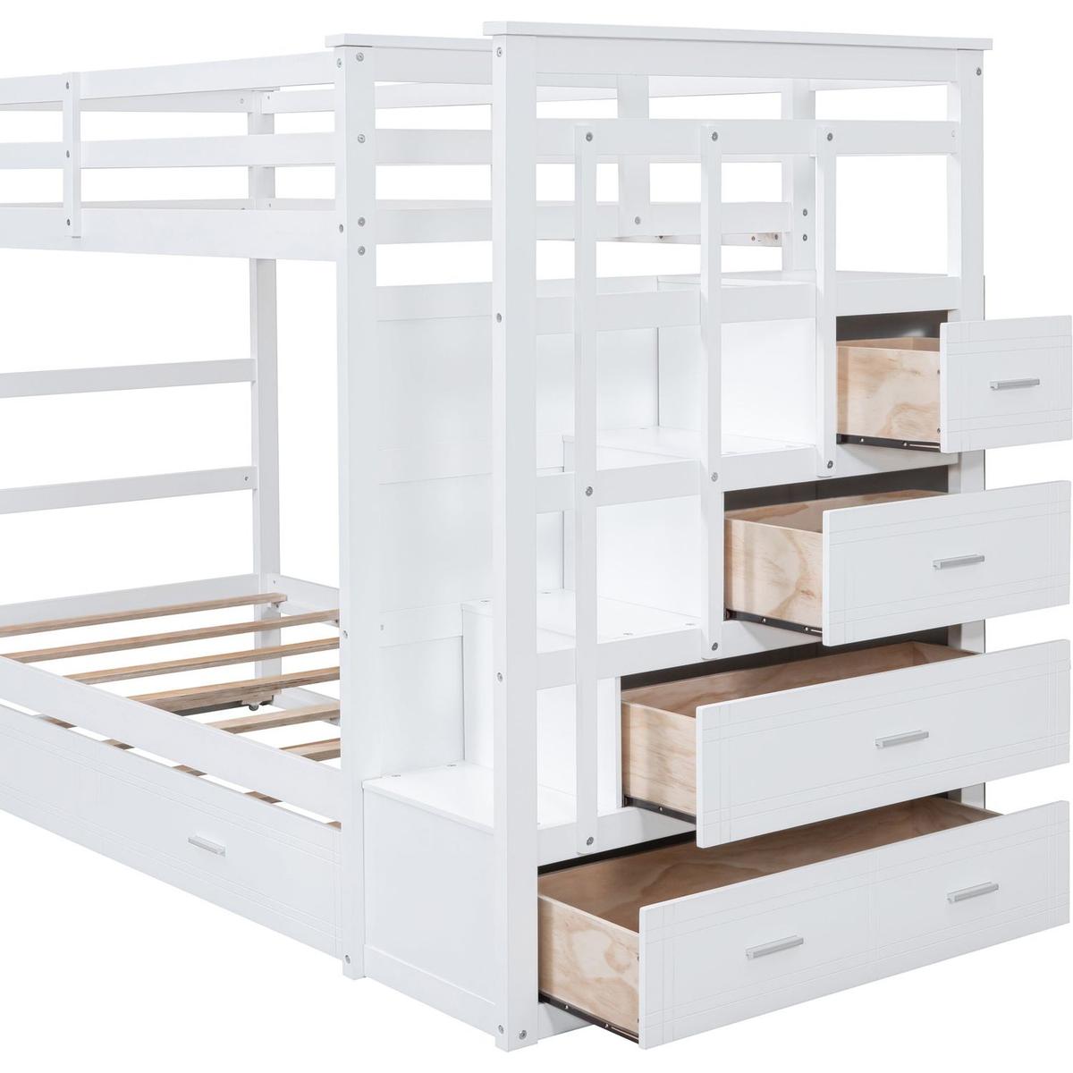 Twin Over Twin Bunk Bed with Trundle and Staircase,White