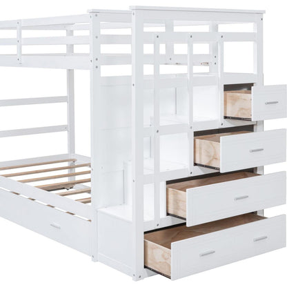 Twin Over Twin Bunk Bed with Trundle and Staircase,White