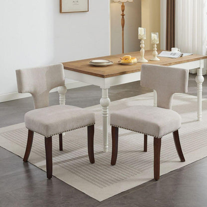Mid Century Modern Dining Chairs Set of 2, Farmhouse Linen Fabric Upholstered Accent Chair Curved Backrest with Copper Nails around,Kitchen Chairs with Hardwood Frame, Beige