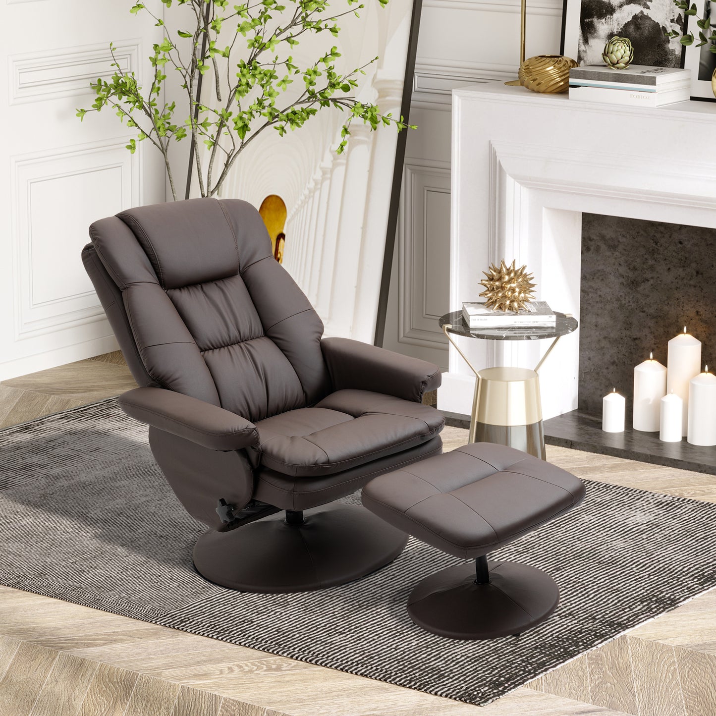 Recliner and Ottoman with Wrapped Base, Swivel PU Leather Reclining Chair with Footrest for Living Room, Bedroom and Home Office, Brown