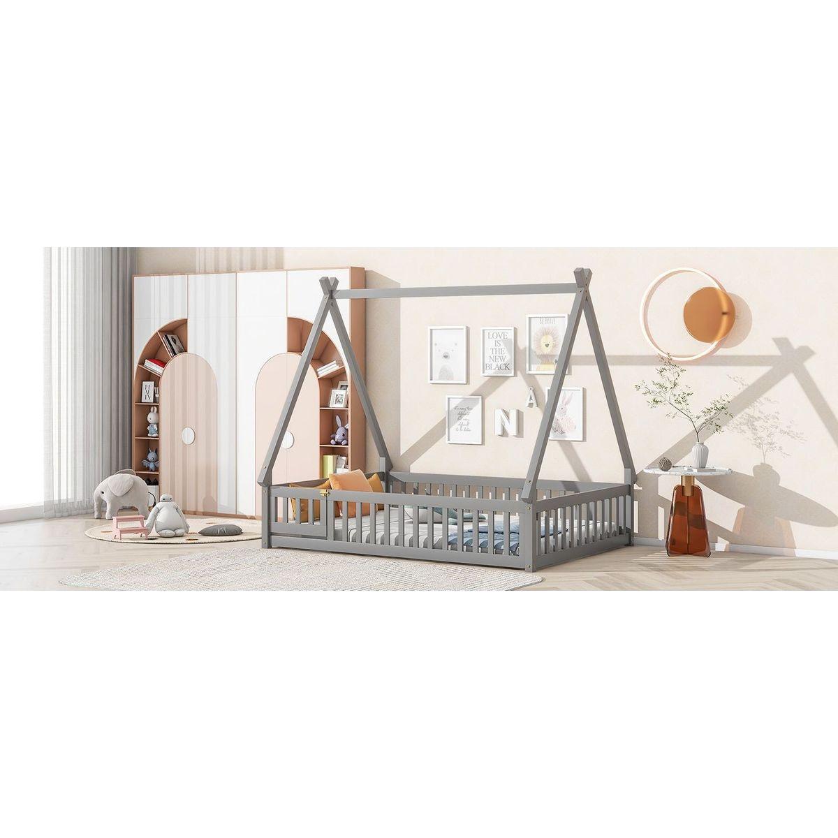 Full Tent-shaped Floor Bed, with Guardrails, Slats, Door, Grey