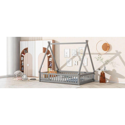 Full Tent-shaped Floor Bed, with Guardrails, Slats, Door, Grey