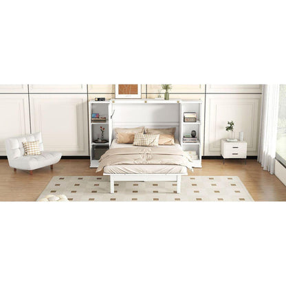 Queen Size Murphy Bed with Shelves, Drawers and USB Ports,White