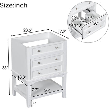 24" Bathroom Vanity Without Sink, Base Only, Solid Wood Frame, Bathroom Storage Cabinet with Drawer and Open Shelf, White