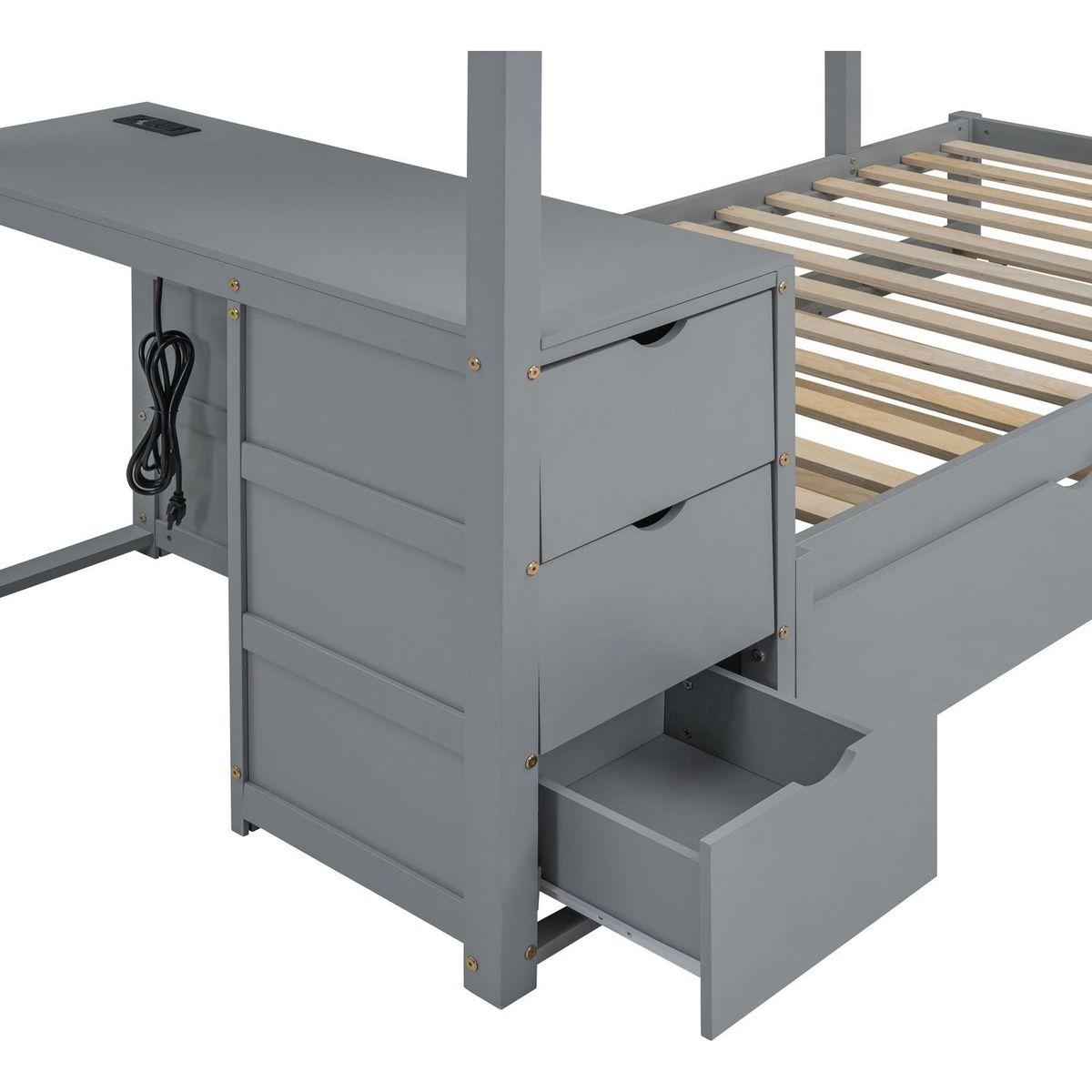 Twin-Over-Twin Bunk Bed with Twin size Trundle, Storage and Desk, Gray