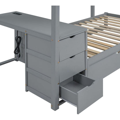 Twin-Over-Twin Bunk Bed with Twin size Trundle, Storage and Desk, Gray