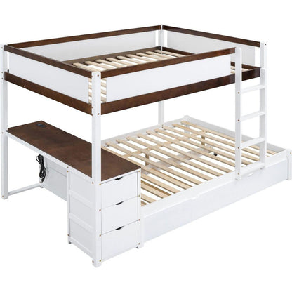 Full-Over-Full Bunk Bed with Twin size Trundle, Storage and Desk, White+Walnut