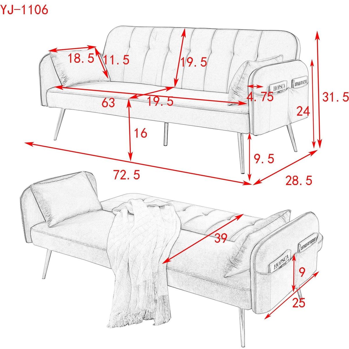 72.5" Convertible Sofa Bed, Adjustable Velvet Sofa Bed - Velvet Folding Lounge Recliner - Reversible Daybed - Ideal for Bedroom with Two Pillows and Center Leg